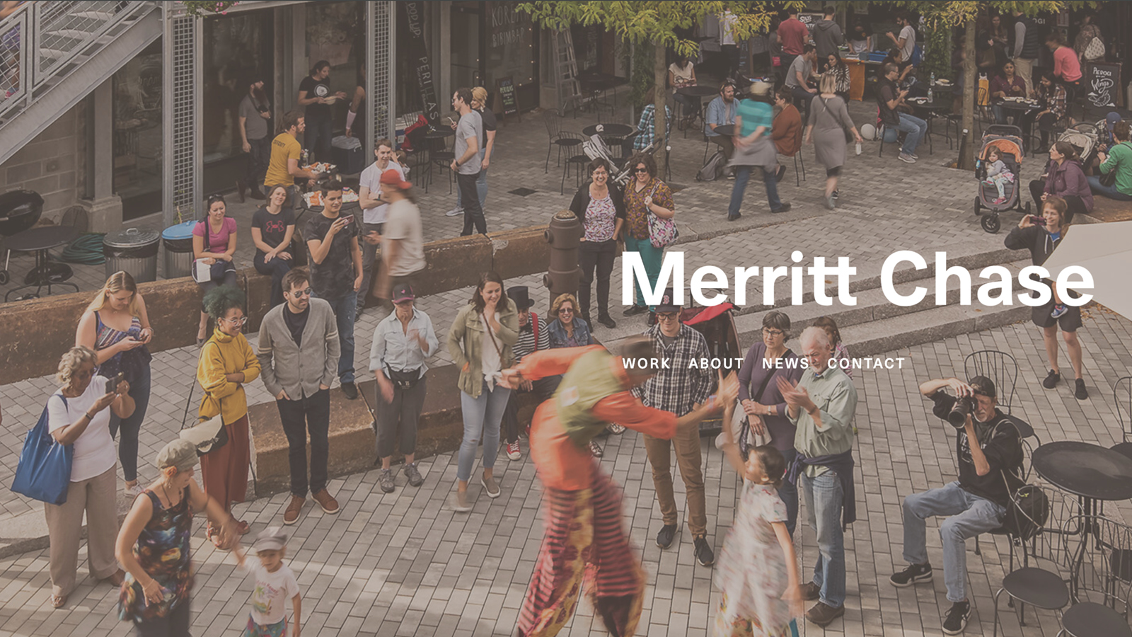 An image of people outside in a gathering. There is White text and the Merritt Chase logo on top of the image. Logo made in Illustrator